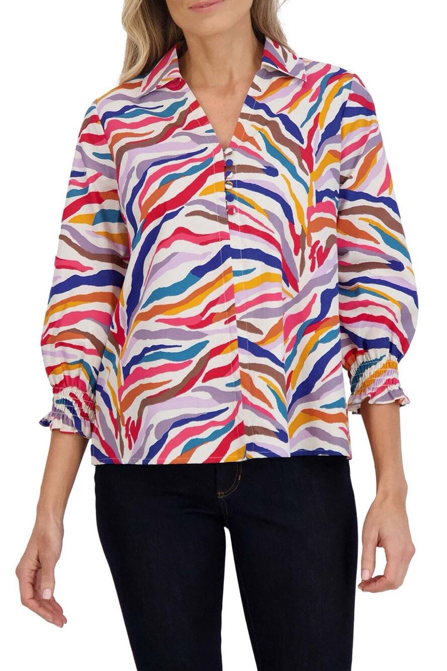 Foxcroft Alexis Striped Smocked 3/4 Sleeves 100% Cotton Colorful Popover Top L